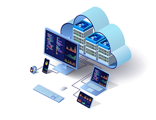 Cloud hosting infrastructure with servers and connected devices